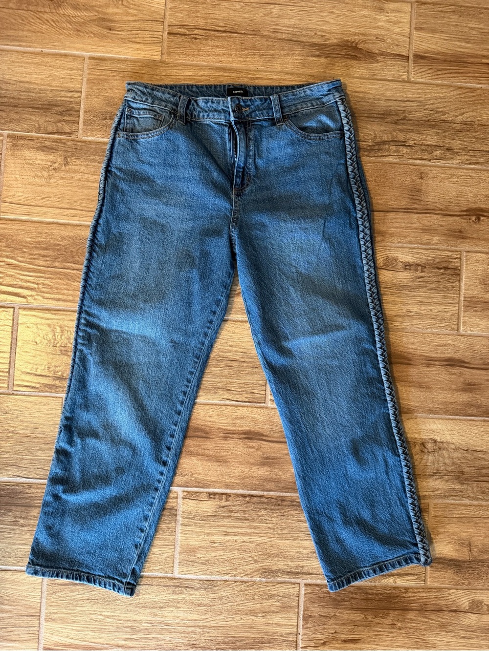 Express Medium Blue Cropped Jeans with Braided Side Trim